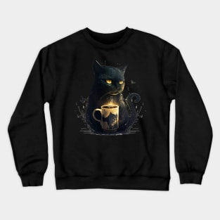 Black Cat Drinking Coffee, Coffee Cat Lover Crewneck Sweatshirt